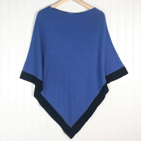 J. Jill Womens Poncho Sweater Blue Black Trim Tight Knit Pullover One Size - Picture 1 of 4